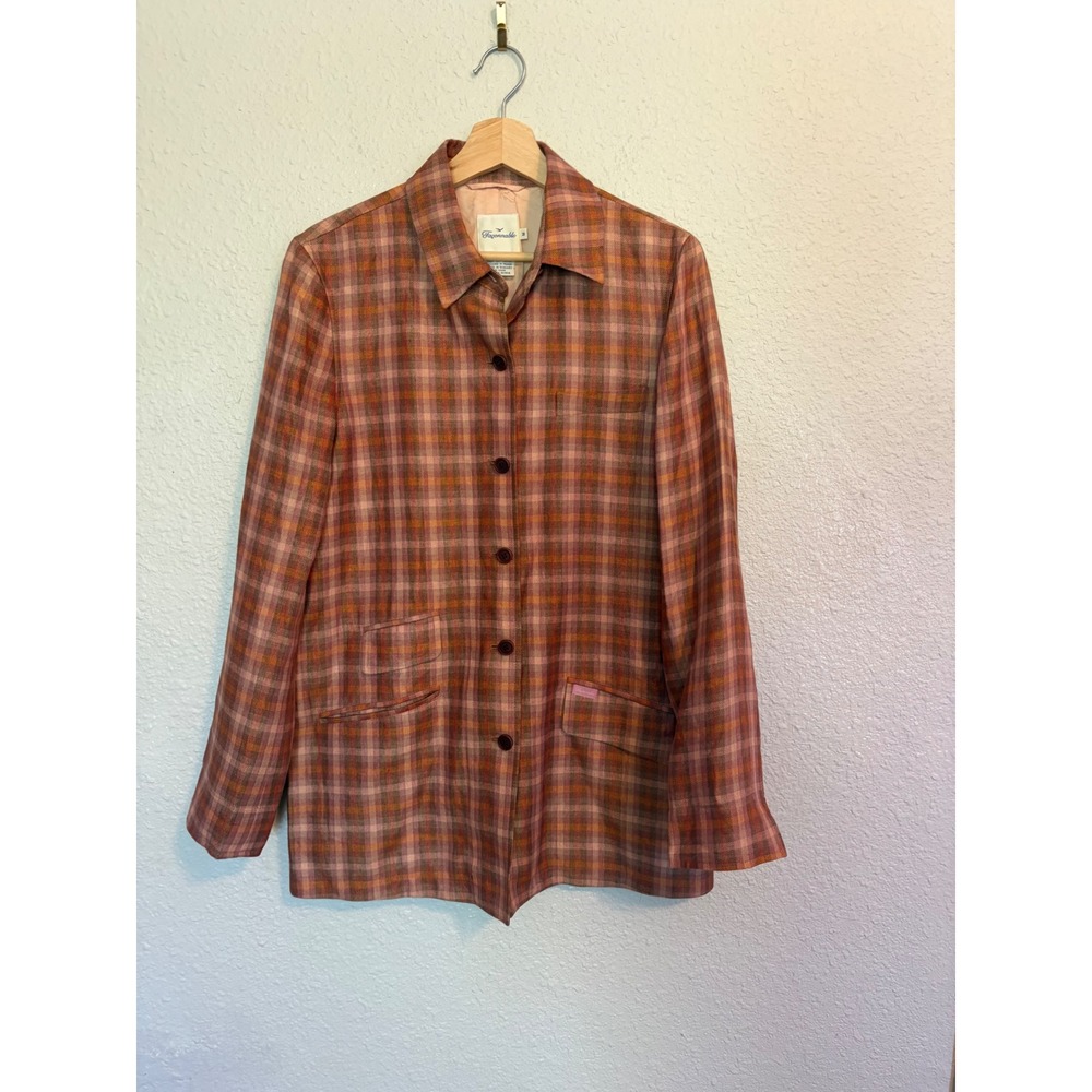 Faconnable Womens Plaid Linen Lined Shacket Button Front Pink Orange M Vintage